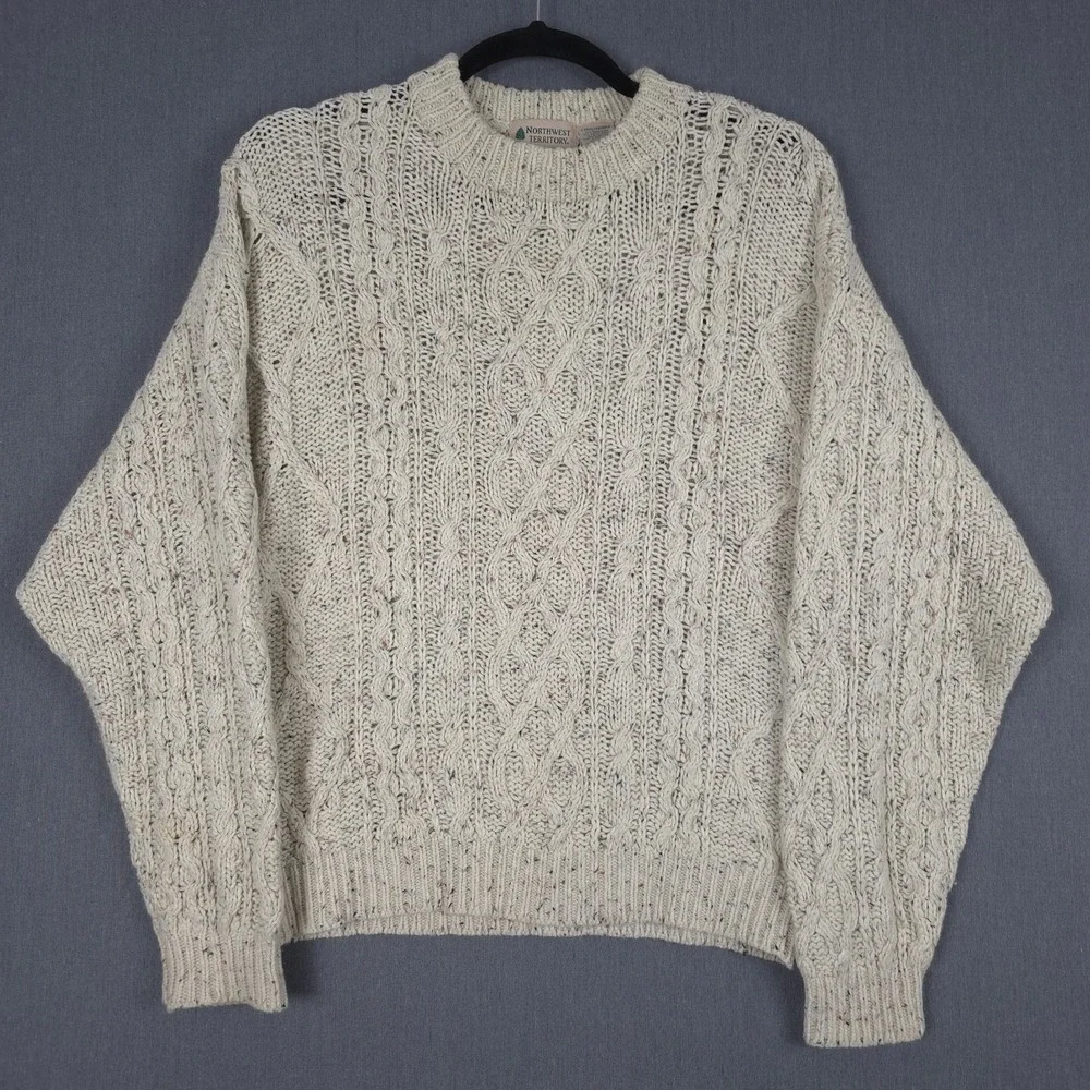 Northwest Territory Oversized Cable Knit Sweater Mens Large‎ Cream Flecked Wool